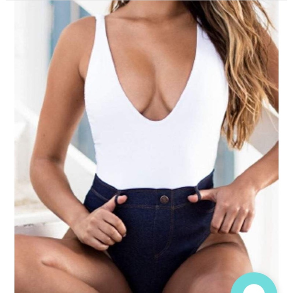 White and Blue Women Swim One Piece